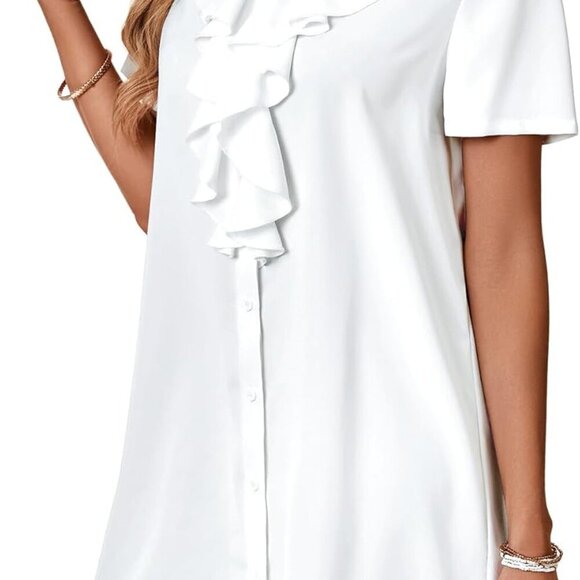 Women's Ruffle Collar V Neck Button Down Short Sleeve Mini Shift Dress - Picture 3 of 6